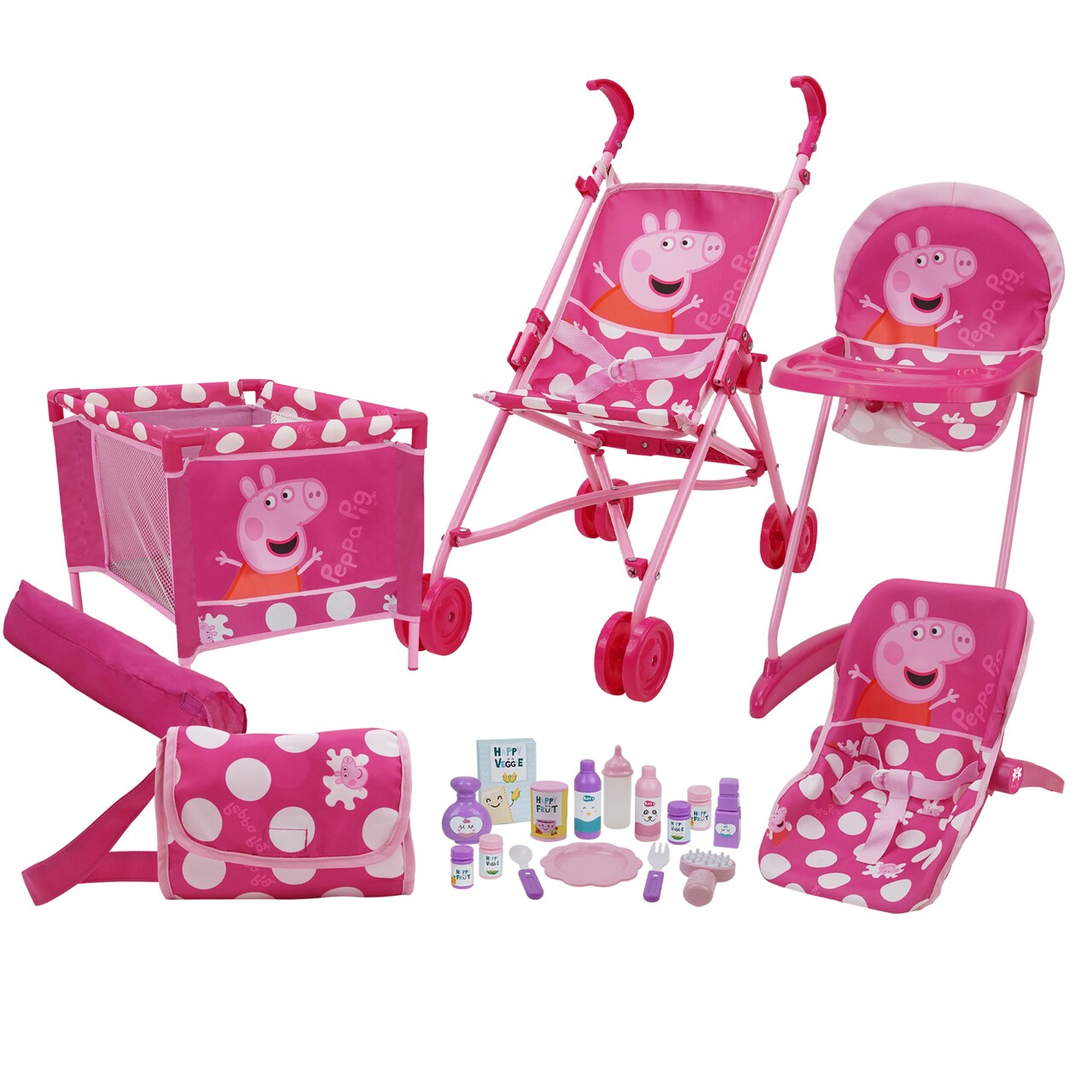 Peppa Pig: 21 Piece Doll Play Set - Pink & White Dots - Highchair, Stroller, Play Yard, Car Seat, Handbag & Doll Care Accessories, Kids Toy, Ages 3+